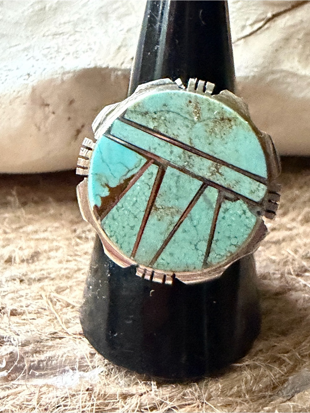 Ben Begay Navajo SterlingSliver #8 Turquoise Inlay Statement Ring - Blue Green